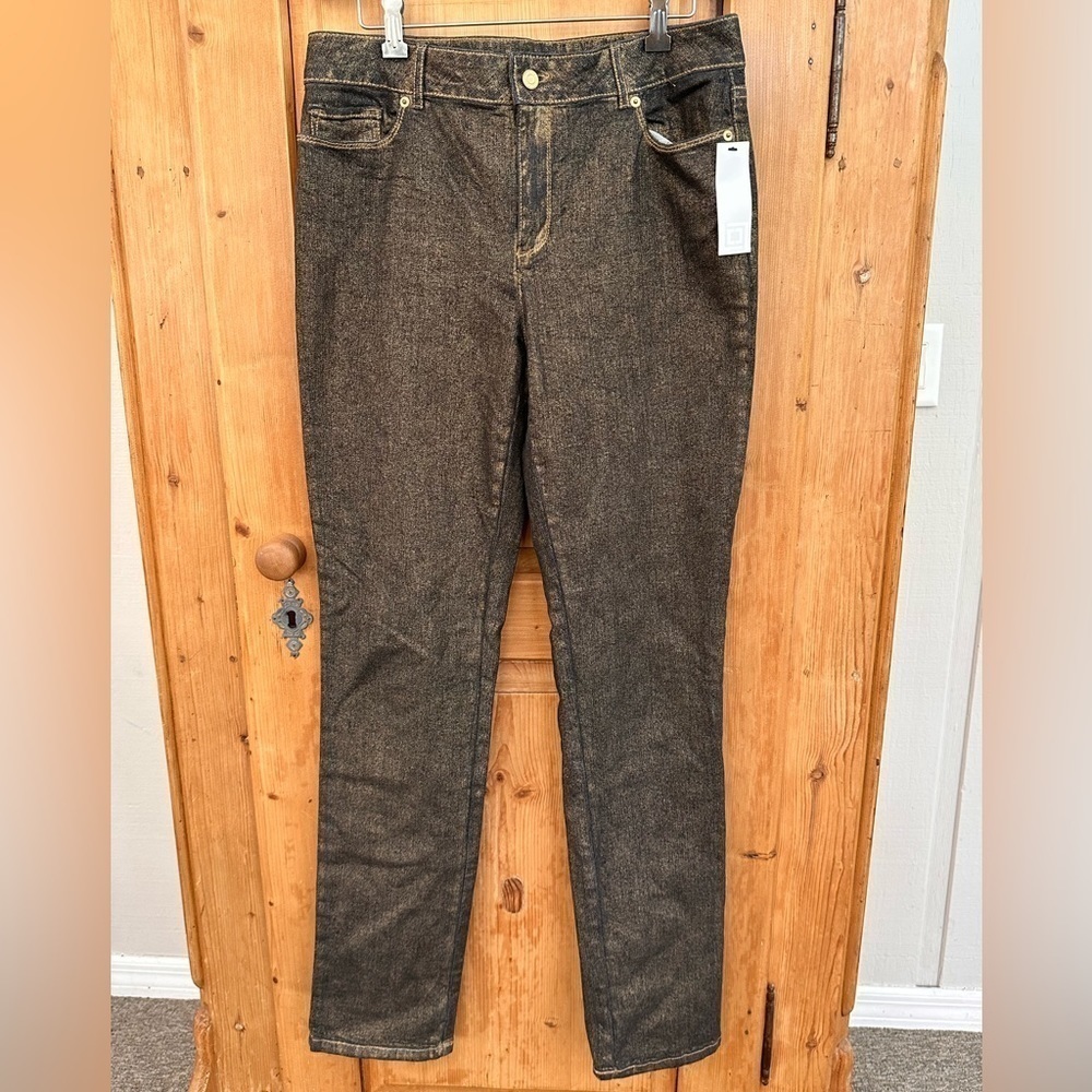 Liz Claiborne Sz 8 Tall Metallic Sheen Steampunk Straight Leg Stretch Jeans NWT